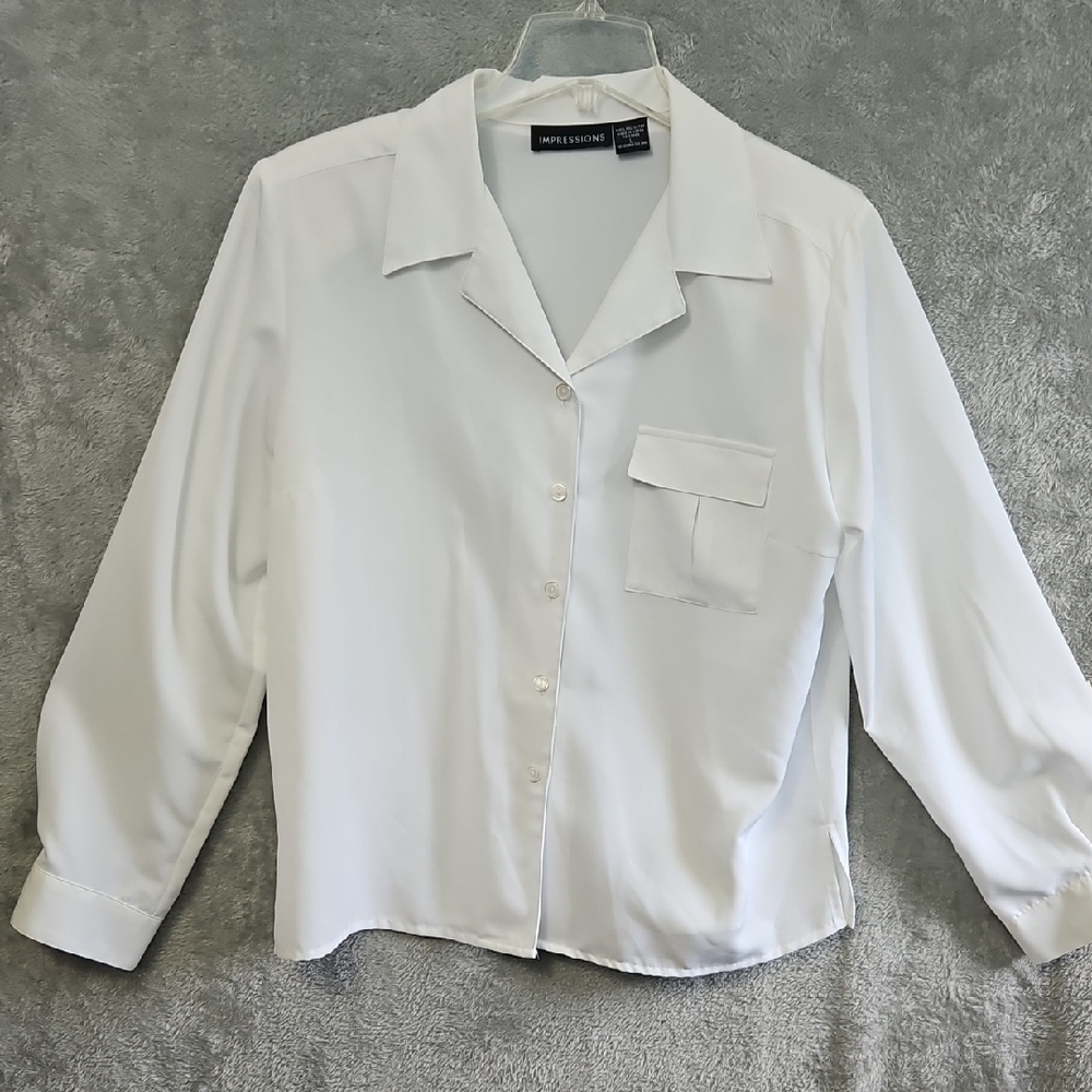 Impressions Classic White Blouse Vintage Sz Lg Long Sleeve Side Slits